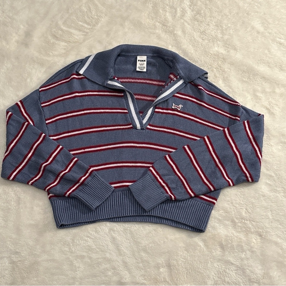 PINK Victoria's Secret Sweater‎ Womens XS Blue/Red Cropped Low V-Neck Pullover